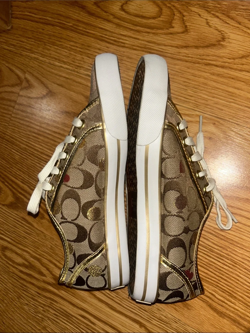 Coach Khaki Signature Canvas Sneakers with Gold Trim and Red Interior
